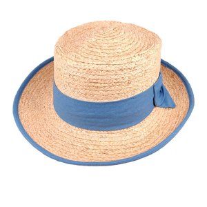 Womens Natural Raffia High Crown Boater Straw Hat Woven Straw Blue Bow One-Size